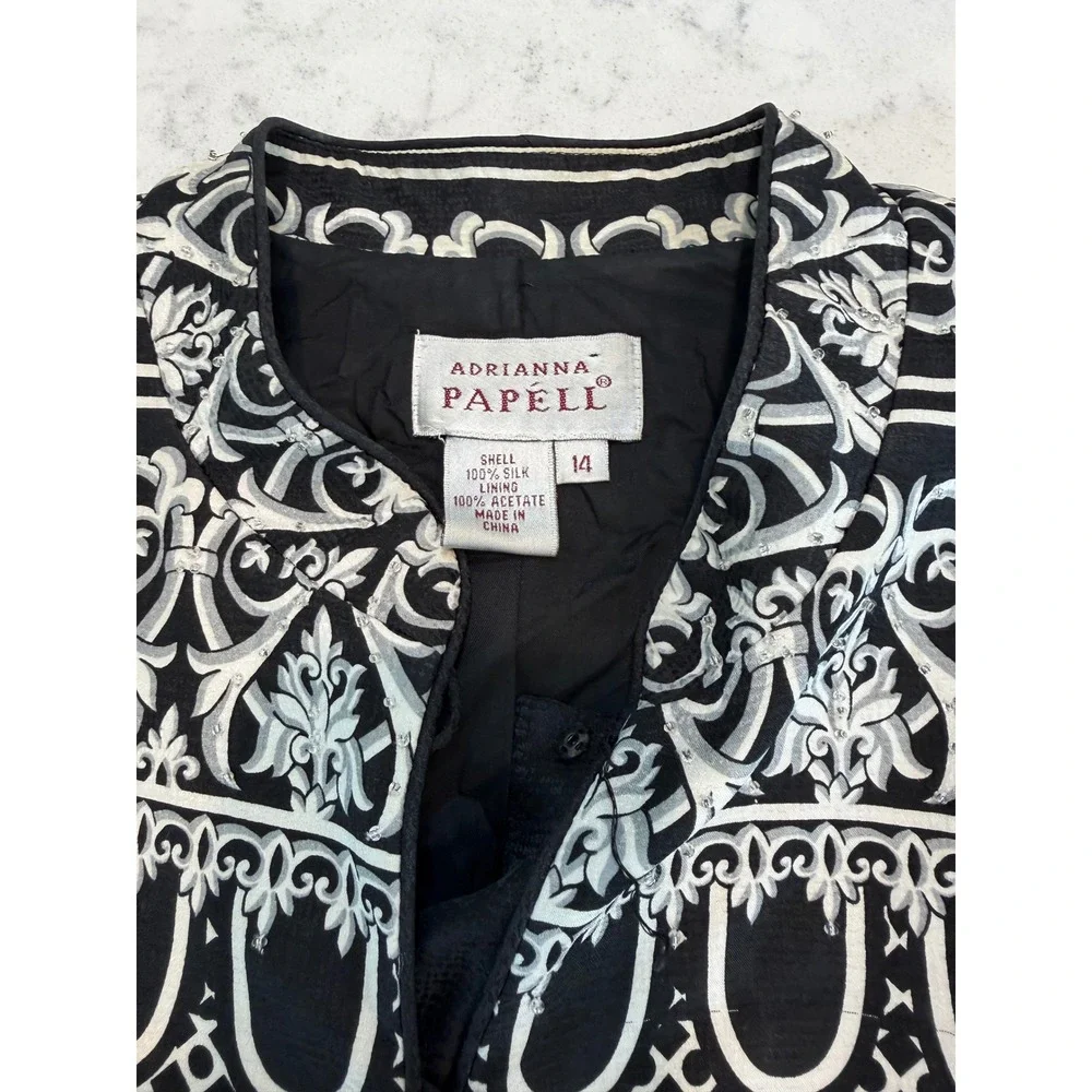 Adrianna Papell Silk Jacket Black White Baroque Sequin Blazer Size 14 Formal - Picture 3 of 4